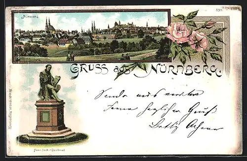 Lithographie Nürnberg, Ortsansicht, Hans-Sachs-Denkmal