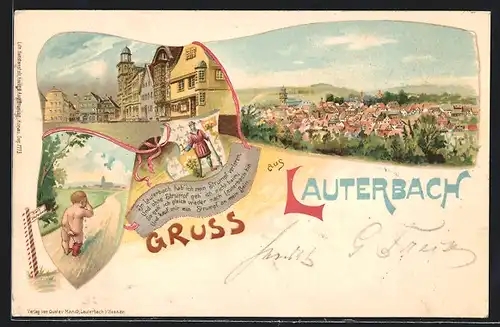 Lithographie Lauterbach, Weindendes Kind mit nur einem Socken, Wappen, Panorama, Spruch