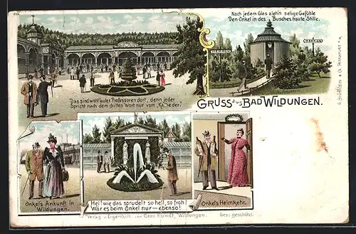 Lithographie Bad Wildungen, Onkel`s Ankunft, Blick auf Springbrunnen, Nach jedem Glas zieh`n selige Gefühle...