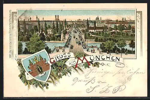 Lithographie München, Flusspartie mit Brücke