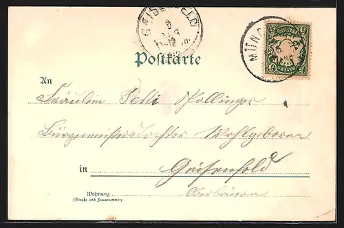 Lithographie München, Flusspartie mit Brücke