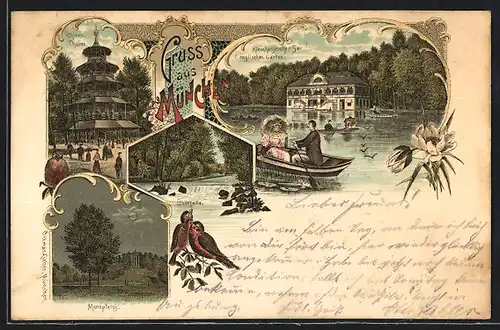 Lithographie München-Schwabing, Englischer Garten, Kleinhesseloher See, Chinesischer Turm