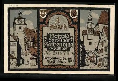 Notgeld Rothenburg ob der Tauber 1921, 1 Mark, Bibelszene, Justitia, Strassenansicht