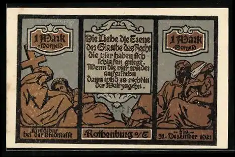 Notgeld Rothenburg / Tauber 1921, 1 Mark, Bibelszene, Ortsansicht