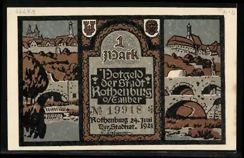 Notgeld Rothenburg / Tauber 1921, 1 Mark, Bibelszene, Ortsansicht