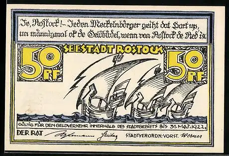 Notgeld Rostock 1922, 50 Pfennig, Segelschiffe auf dem Meer