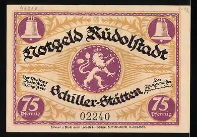 Notgeld Rudolstadt 1921, 75 Pfennig, Schillers Wohnung 1788