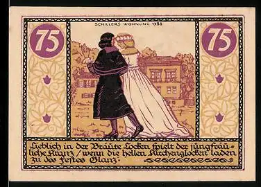 Notgeld Rudolstadt 1921, 75 Pfennig, Schiller mit Gattin vor seiner Wohnung 1788