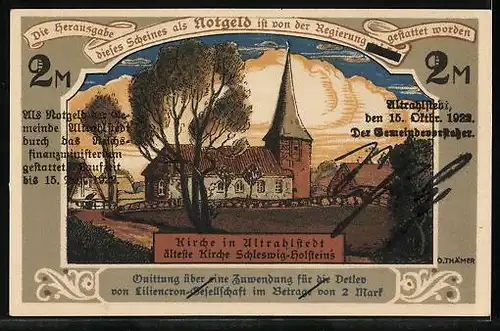 Notgeld Altrahlstedt 1922, 2 Mark, zwei Männer auf ihrem Paddelboot, Kirche