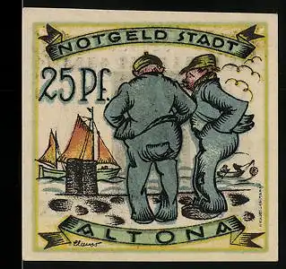Notgeld Altona 1921, 25 Pfennig, zwei Männer schauen sich Segelschiffe an