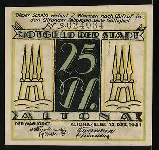 Notgeld Altona 1921, 25 Pfennig, zwei Männer schauen sich Segelschiffe an