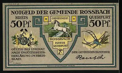 Notgeld Rossbach, 50 Pfennig, die Schlacht bei Rossbach, Stadtwappen