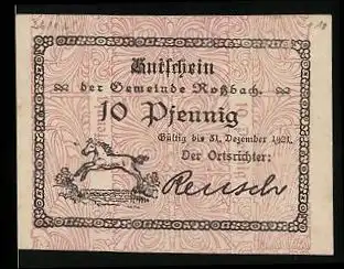 Notgeld Rossbach 1921, 10 Pfennig, Fohlen am springen