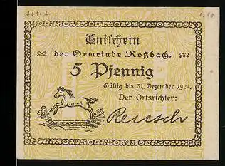 Notgeld Rossbach 1921, 5 Pfennig, junges Fohlen am springen
