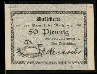 Notgeld Rossbach 1921, 50 Pfennig, Fohlen springt über einen Fluss
