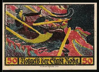 Notgeld Roda 1921, 50 Pfennig, Faust fährt zur Hölle, dämonischer Stier