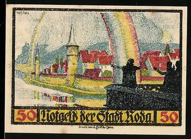 Notgeld Roda 1921, 50 Pfennig, Faust ergreift Regenbogen am Stadtrand