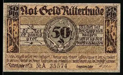 Notgeld Ritterhude 1921, 50 Pfennig, Schlossansicht, Ritterstatuen