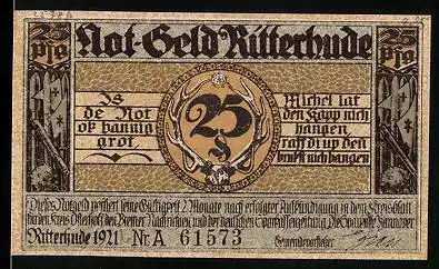 Notgeld Ritterhude 1921, 25 Pfennig, Schloss mit Blick auf den See