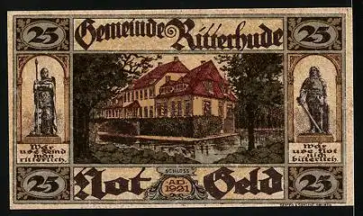 Notgeld Ritterhude 1921, 25 Pfennig, Schloss mit Blick auf den See