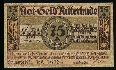 Notgeld Ritterhude 1921, 75 Pfennig, Ritterstatuen, Schlossansicht