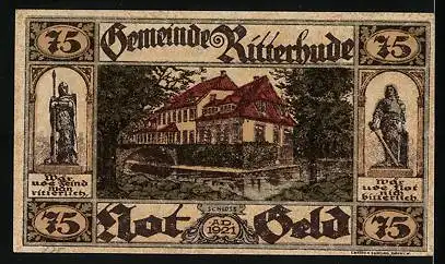 Notgeld Ritterhude 1921, 75 Pfennig, Ritterstatuen, Schlossansicht