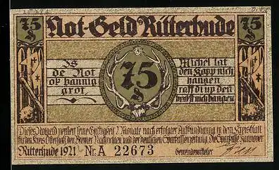 Notgeld Ritterhude 1921, 75 Pfennig, Schloss mit See
