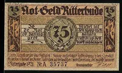 Notgeld Ritterhude 1921, 75 Pfennig, Ritterstatuen, Schloss mit See