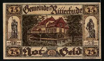 Notgeld Ritterhude 1921, 75 Pfennig, Ritterstatuen, Schloss mit See