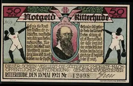 Notgeld Ritterhude 1921, 50 Pfennig, Portrait von Ludwig Jahn, Turnhalle