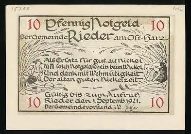 Notgeld Rieder / Ostharz 1921, 10 Pfennig, Blick auf das Rathaus