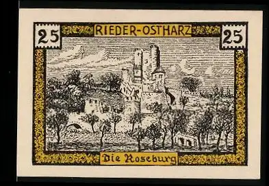 Notgeld Rieder / Ostharz 1921, 25 Pfennig, die Roseburg mit Landschaft