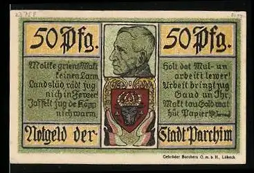 Notgeld Parchim 1921, 50 Pfennig, Blick auf das Rathaus, Stadtwappen