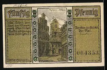 Notgeld Parchim 1921, 50 Pfennig, Blick auf das Rathaus, Stadtwappen