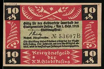 Notgeld Pasing 1918, 10 Pfennig, Fackeln, Stadtwappen