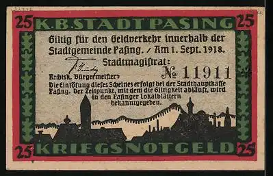 Notgeld Pasing 1918, 25 Pfennig, Stadtwappen, Reichswappen & Wappen Bayern