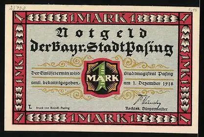 Notgeld Pasing 1918, 1 Mark, Stadtwappen