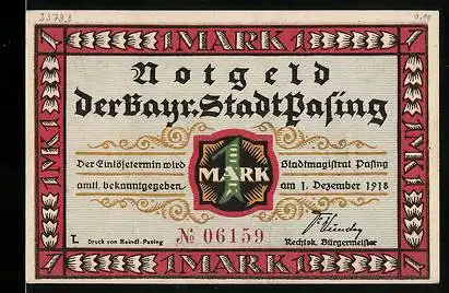 Notgeld Pasing 1918, 1 Mark, Stadtwappen, Wappen von Bayern