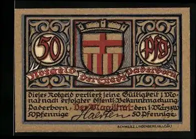 Notgeld Paderborn 1920, 50 Pfennig, Rathaus, Stadtwappen