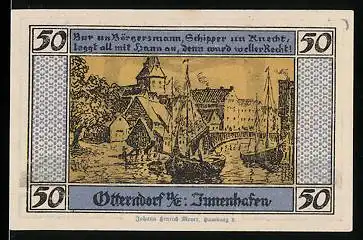 Notgeld Otterndorf 1920, 50 Pfennig, Ortsansicht - Innenhafen