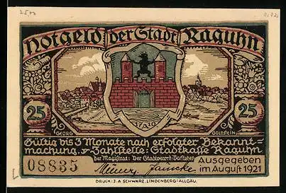 Notgeld Raguhn 1921, 25 Pfennig, Stadtwappen, Ortsansicht, Ausrufer