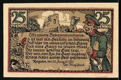 Notgeld Raguhn 1921, 25 Pfennig, Stadtwappen, Ortsansicht, Ausrufer