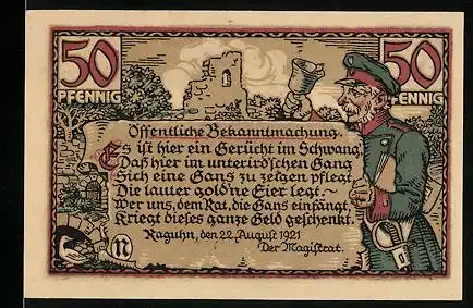 Notgeld Raguhn 1921, 50 Pfennig, Ausrufer mit Glocke