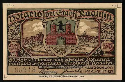 Notgeld Raguhn 1921, 50 Pfennig, Ausrufer mit Glocke