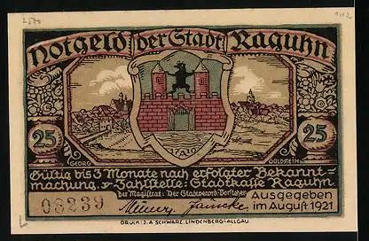Notgeld Raguhn 1921, 25 Pfennig, Ortsansicht mit der Papierfabrik