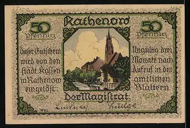 Notgeld Rathenow, 50 Pfennig, Jäger mit Fernglas und Gewehr