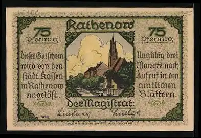 Notgeld Rathenow, 75 Pfennig, Fotograf mit Fotoapparat - Plattenkamera, Ortsansicht