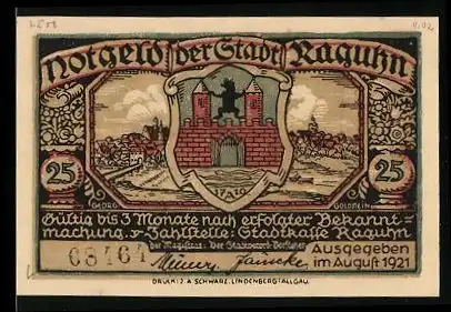Notgeld Raguhn, 25 Pfennig, Ruine Lippene, Stadtwappen