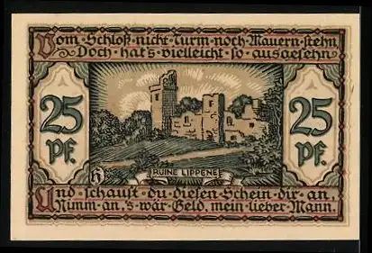 Notgeld Raguhn, 25 Pfennig, Ruine Lippene, Stadtwappen