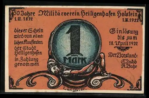 Notgeld Heiligenhafen 1922, 1 Mark, Soldaten liegend am Grabmal mit Stadtwappen